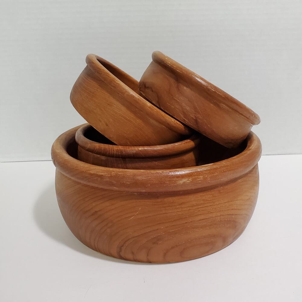Vintage Dolphin Teakwood Monkeypod Wooden Bowl Set Serving + 4 Salad MCM Thai